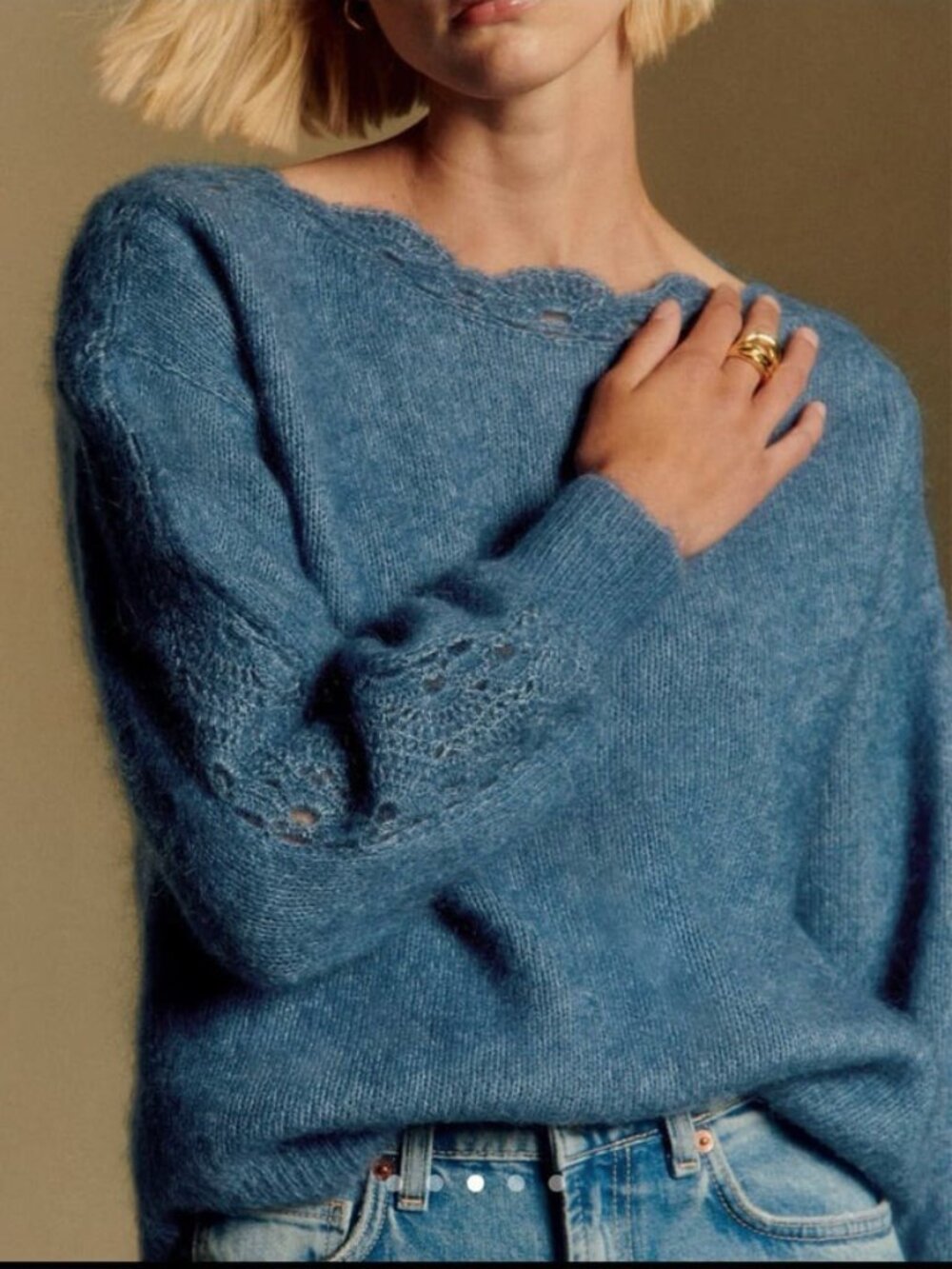 EUC Sezane Stacy Mohair Wool Crochet Detail Sweater Storm Blue XS
